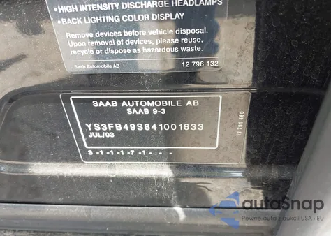 2004 Saab 9-3 Linear z USA, uszkodzony, nr VIN YS3FB49S841001633